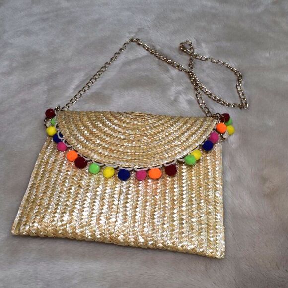 Straw Rainbow Pom Pom Wicker Clutch Purse Chain | Summer Vibes - Picture 6 of 8